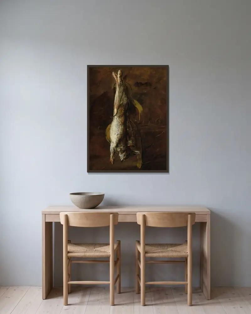 En död kanin och en väska av Jean Siméon Chardin inramad på en vägg