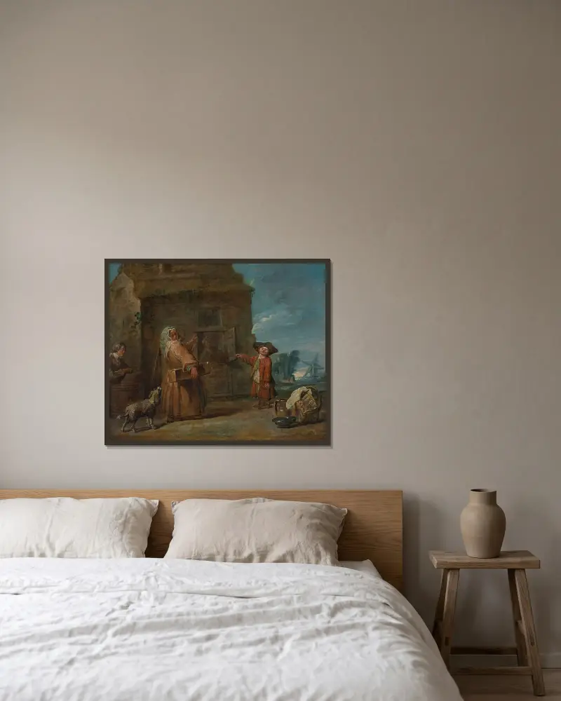 En genrescen, möjligen La boïte du prestidigitateur (»Trollkarlens låda«) av Jean Siméon Chardin inramad på en vägg