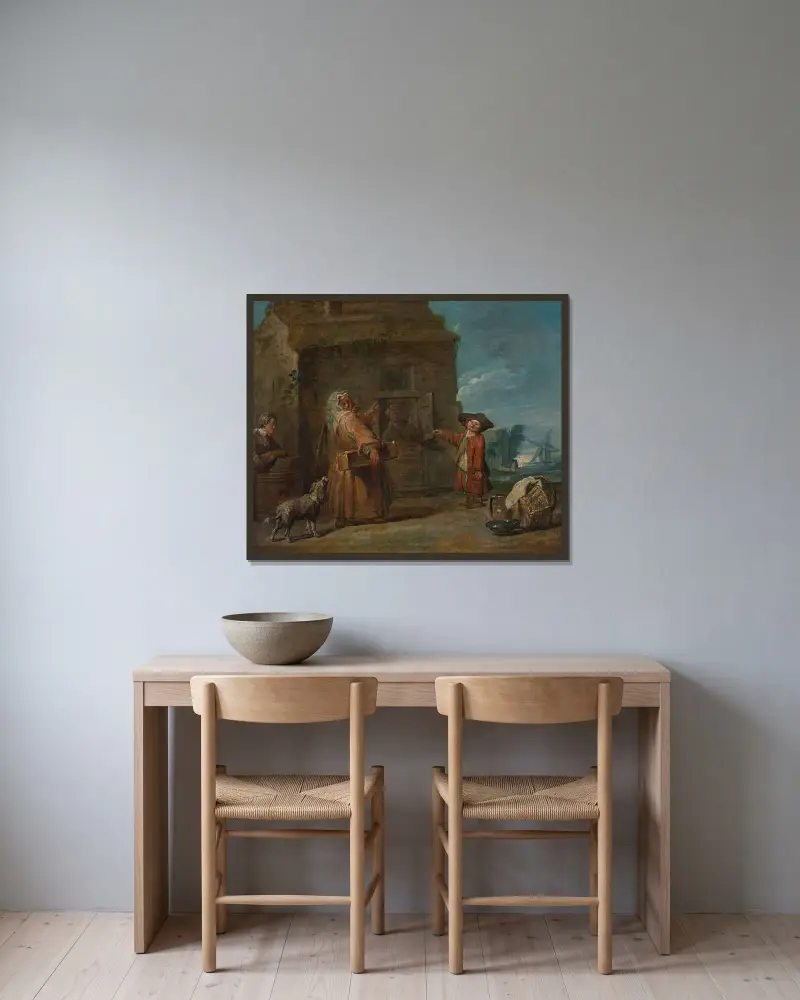 En genrescen, möjligen La boïte du prestidigitateur (»Trollkarlens låda«) av Jean Siméon Chardin inramad på en vägg