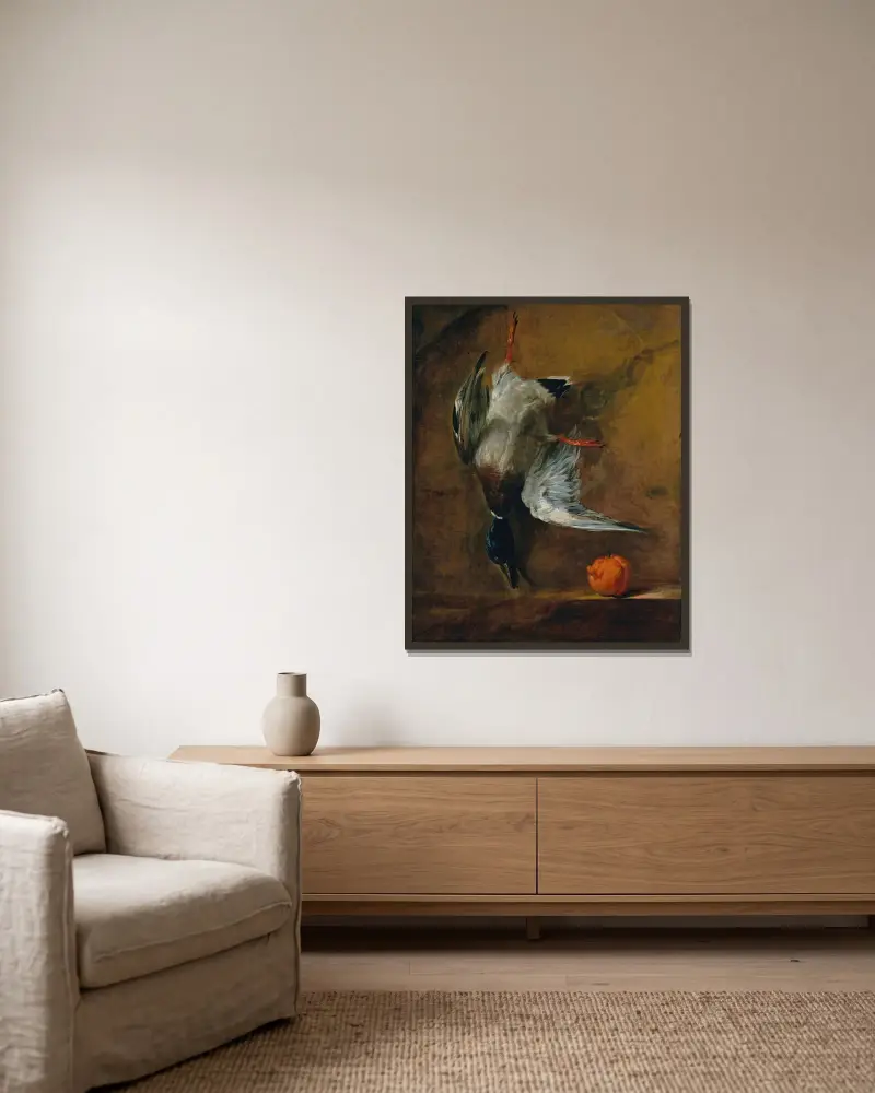 En gräsand och en pomerans av Jean Siméon Chardin inramad på en vägg