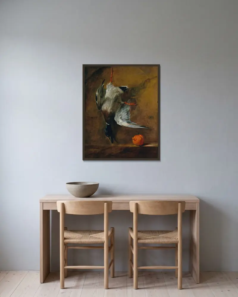 En gräsand och en pomerans av Jean Siméon Chardin inramad på en vägg