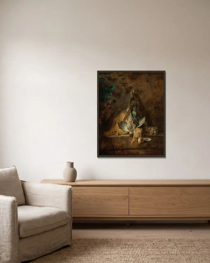 Stilleben med två harar, en grå rapphöna, jaktväska och kruthorn av Jean Siméon Chardin inramad på en vägg