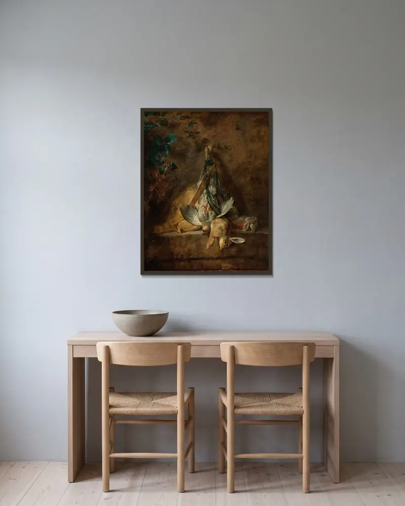 Stilleben med två harar, en grå rapphöna, jaktväska och kruthorn av Jean Siméon Chardin inramad på en vägg