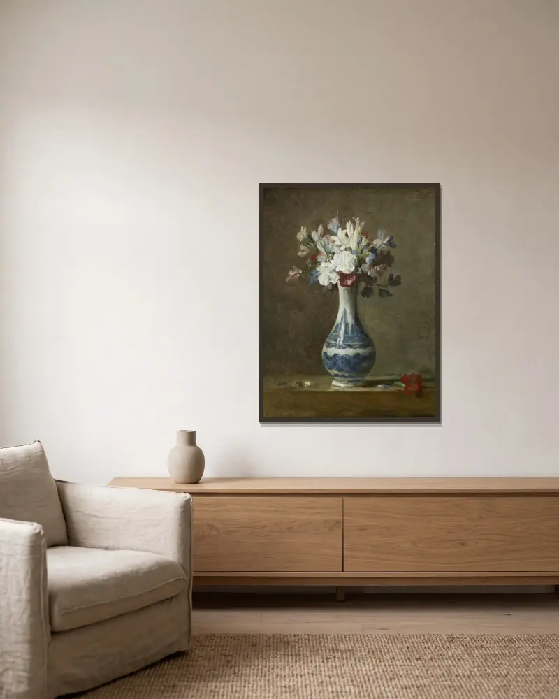 A Vase of Flowers av Jean Siméon Chardin inramad på en vägg