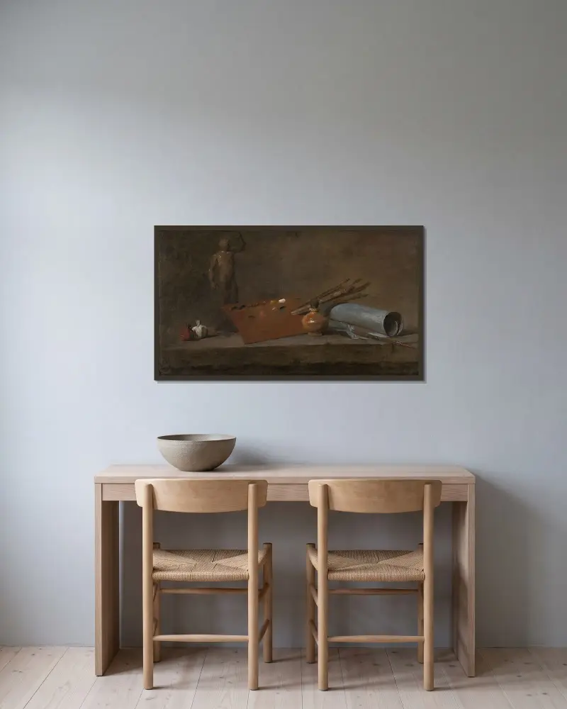 Attributes of the Painter av Jean Siméon Chardin inramad på en vägg