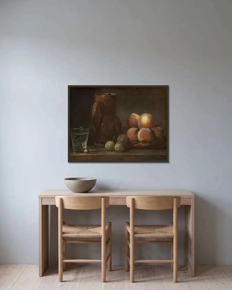 Frukt, kanna och ett glas av Jean Siméon Chardin inramad på en vägg