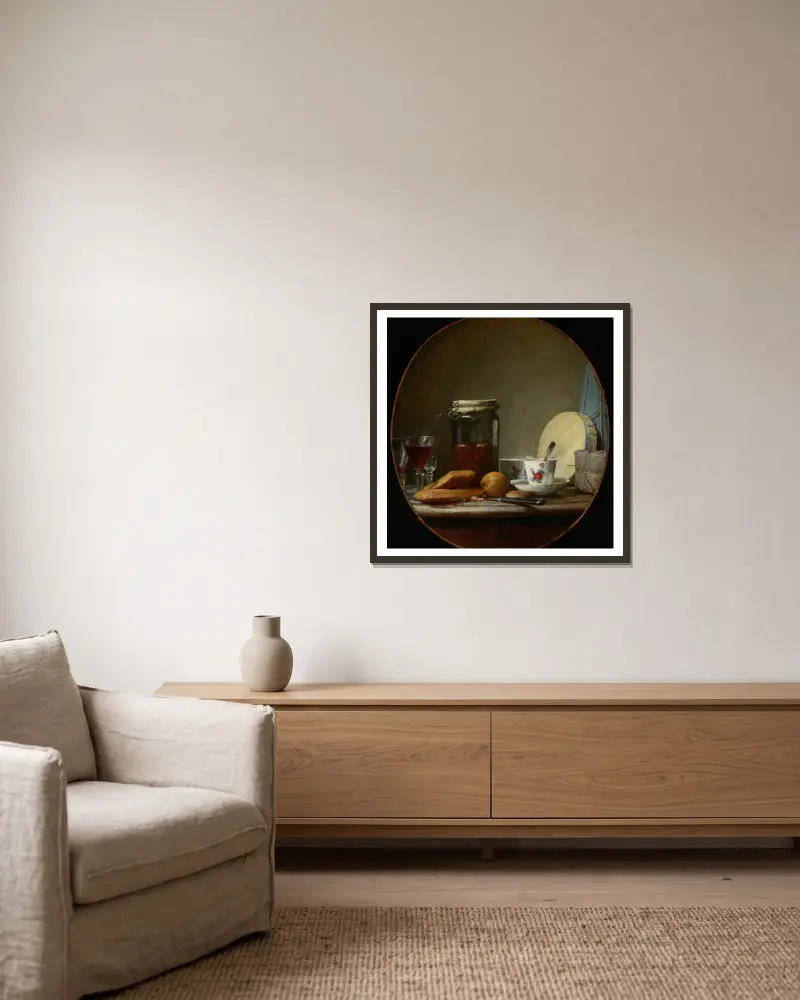 Ein Topf mit Aprikosen von Jean Siméon Chardin gerahmt an einer Wand