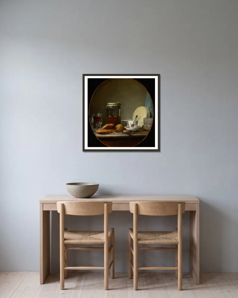 Ein Topf mit Aprikosen von Jean Siméon Chardin gerahmt an einer Wand