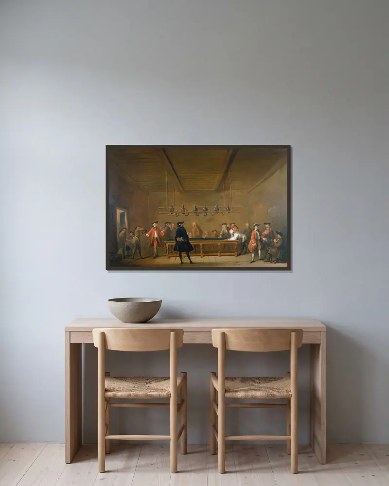 Das Billardspiel von Jean Siméon Chardin gerahmt an einer Wand