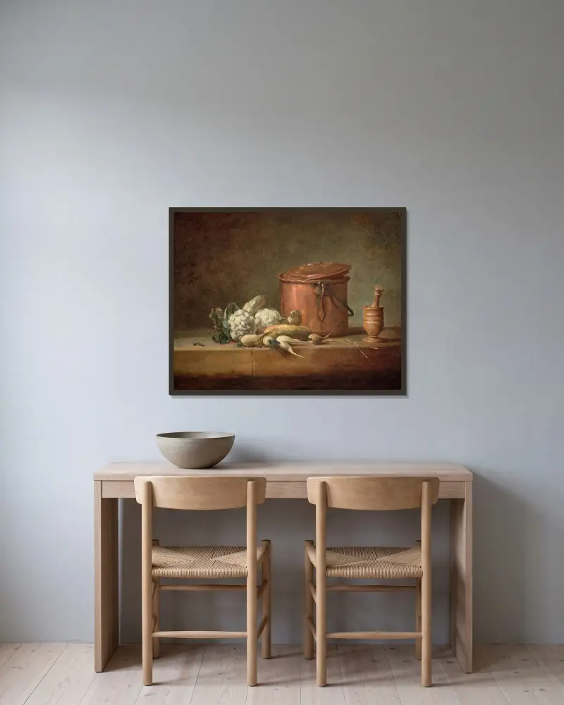 Koppargryta, blomkål och mortel med stöt i en stenbänk av Jean Siméon Chardin inramad på en vägg