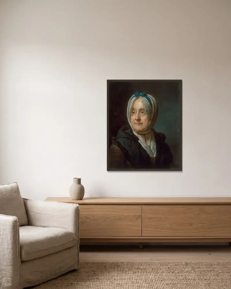Porträtt av Madame Chardin av Jean Siméon Chardin inramad på en vägg