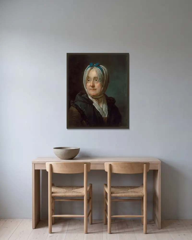Porträtt av Madame Chardin av Jean Siméon Chardin inramad på en vägg