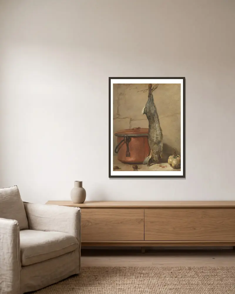 Rabbit and Copper Pot av Jean Siméon Chardin inramad på en vägg