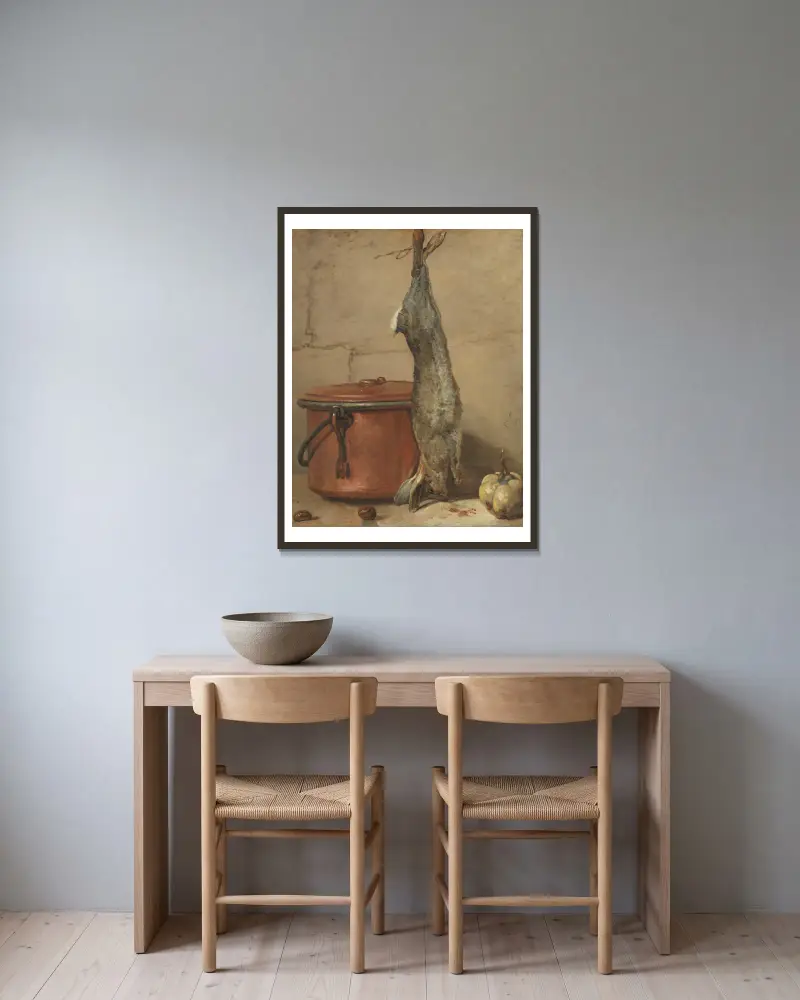 Rabbit and Copper Pot av Jean Siméon Chardin inramad på en vägg