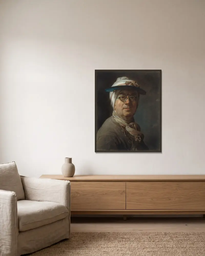 Självporträtt med skärm av Jean Siméon Chardin inramad på en vägg