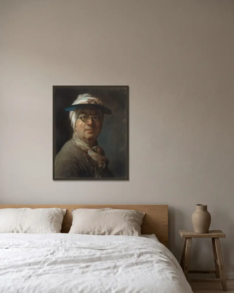 Självporträtt med skärm av Jean Siméon Chardin inramad på en vägg