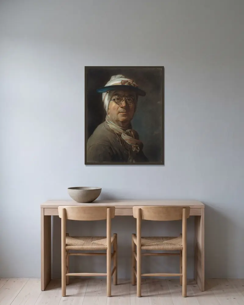 Självporträtt med skärm av Jean Siméon Chardin inramad på en vägg