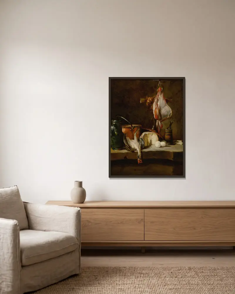 Stilleben med rocka, lökkorg, ägg, ost, grön kanna och kopparkärl av Jean Siméon Chardin inramad på en vägg