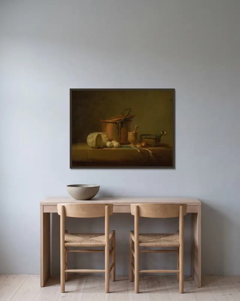 Still Life with Copper Pot, Cheese and Eggs av Jean Siméon Chardin inramad på en vägg