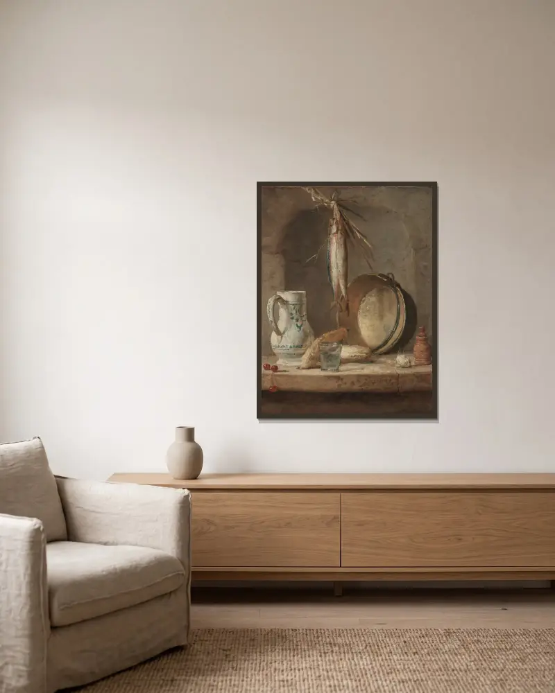 Still Life with Herrings av Jean Siméon Chardin inramad på en vägg