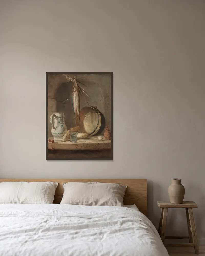 Still Life with Herrings av Jean Siméon Chardin inramad på en vägg