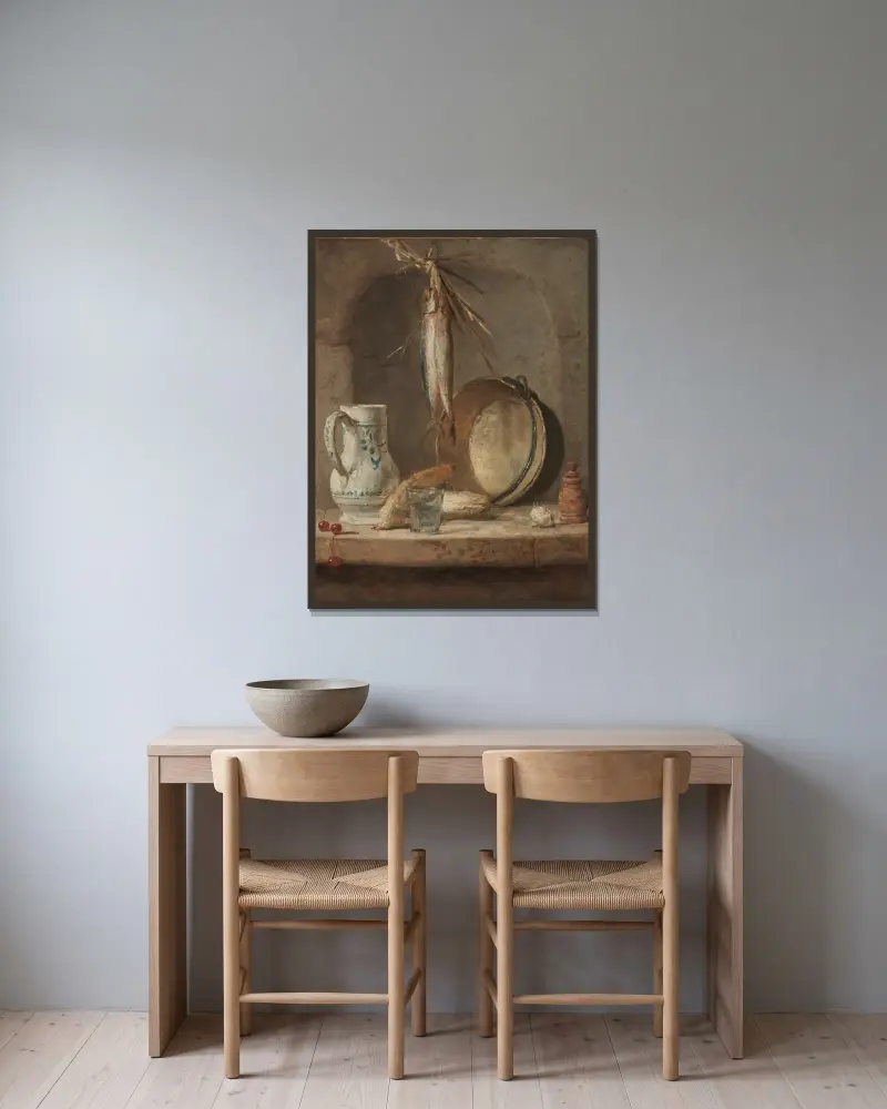 Still Life with Herrings av Jean Siméon Chardin inramad på en vägg