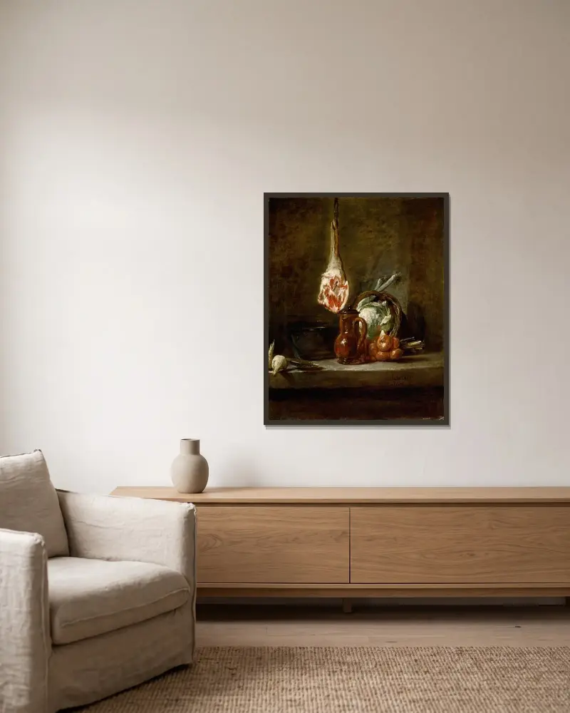 Stilleben med lammstek av Jean Siméon Chardin inramad på en vägg