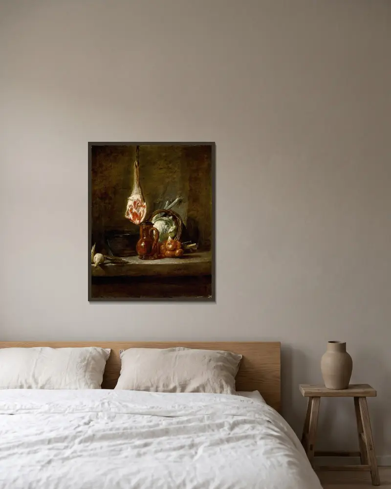 Stilleben med lammstek av Jean Siméon Chardin inramad på en vägg