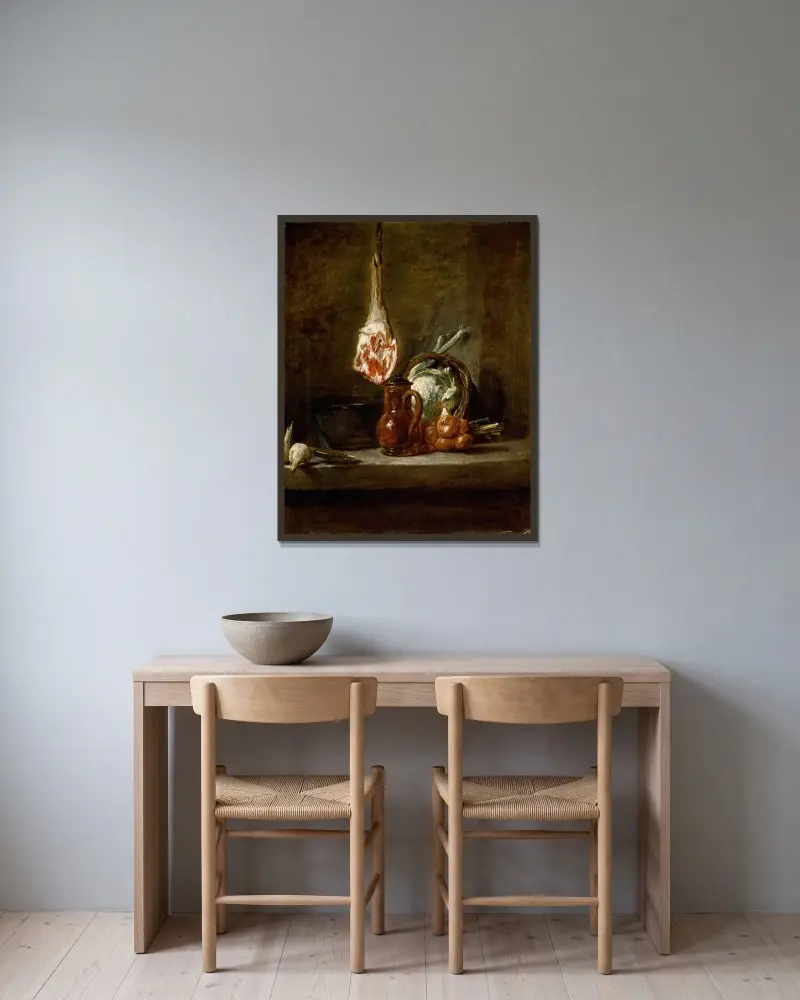 Stilleben med lammstek av Jean Siméon Chardin inramad på en vägg
