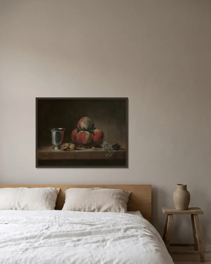 Still Life with Peaches, a Silver Goblet, Grapes, and Walnuts av Jean Siméon Chardin inramad på en vägg