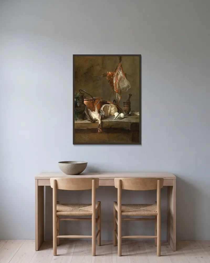 Still Life with Ray and Basket of Onions av Jean Siméon Chardin inramad på en vägg
