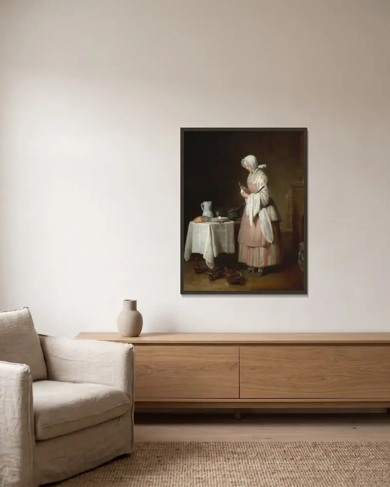 The Attentive Nurse av Jean Siméon Chardin inramad på en vägg