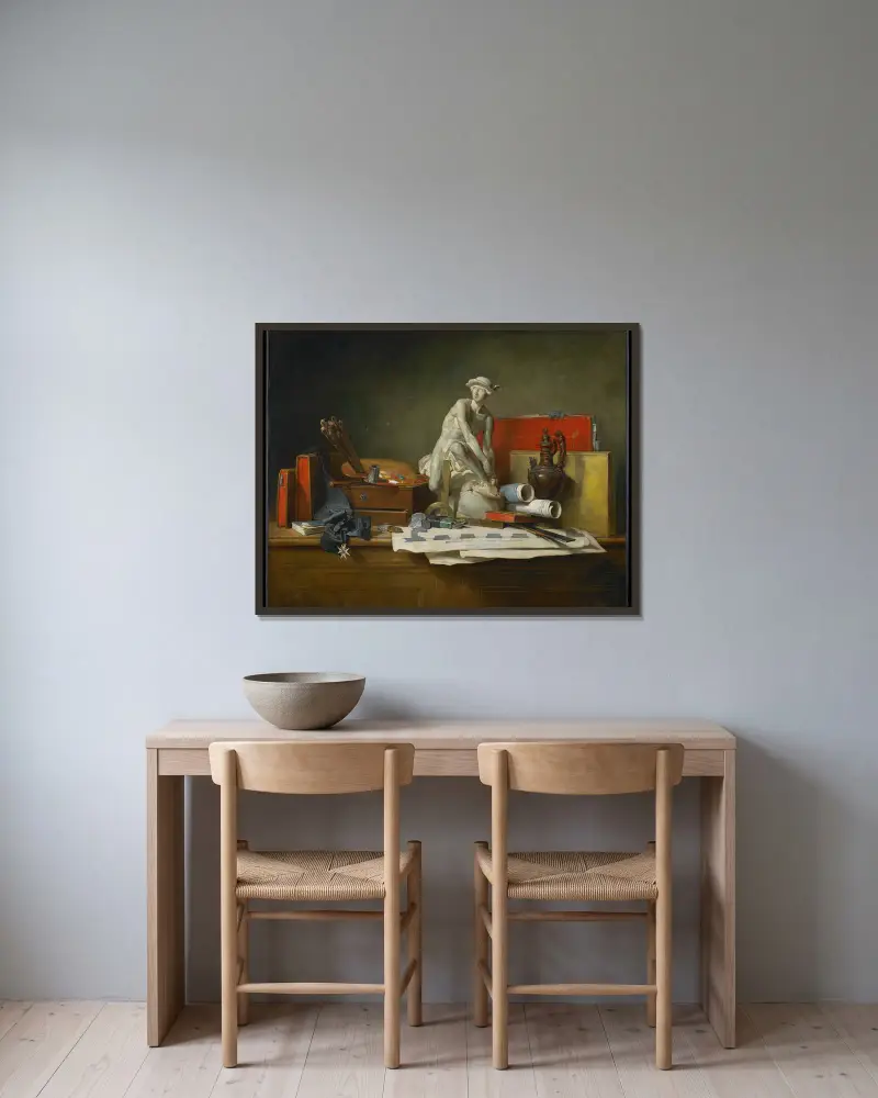 The attributes of the arts and the rewards which are accorded them av Jean Siméon Chardin inramad på en vägg