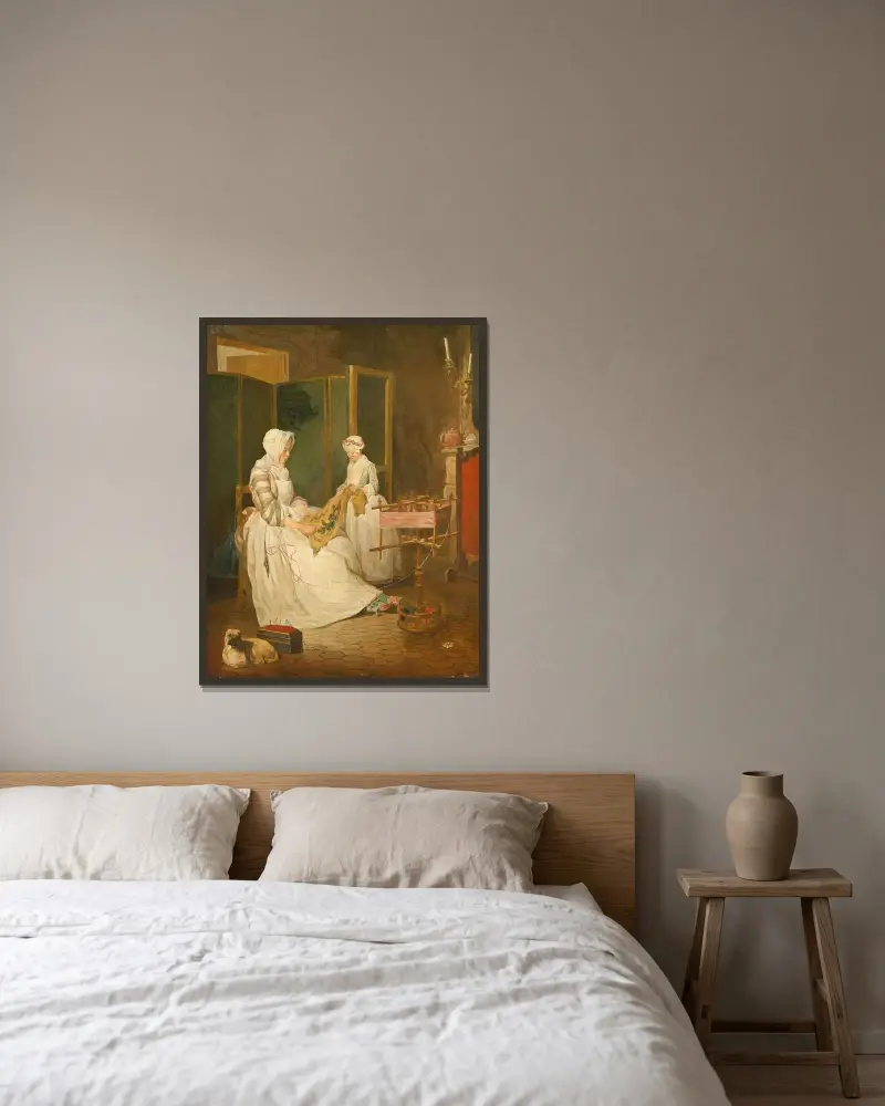 Den flitiga modern av Jean Siméon Chardin inramad på en vägg