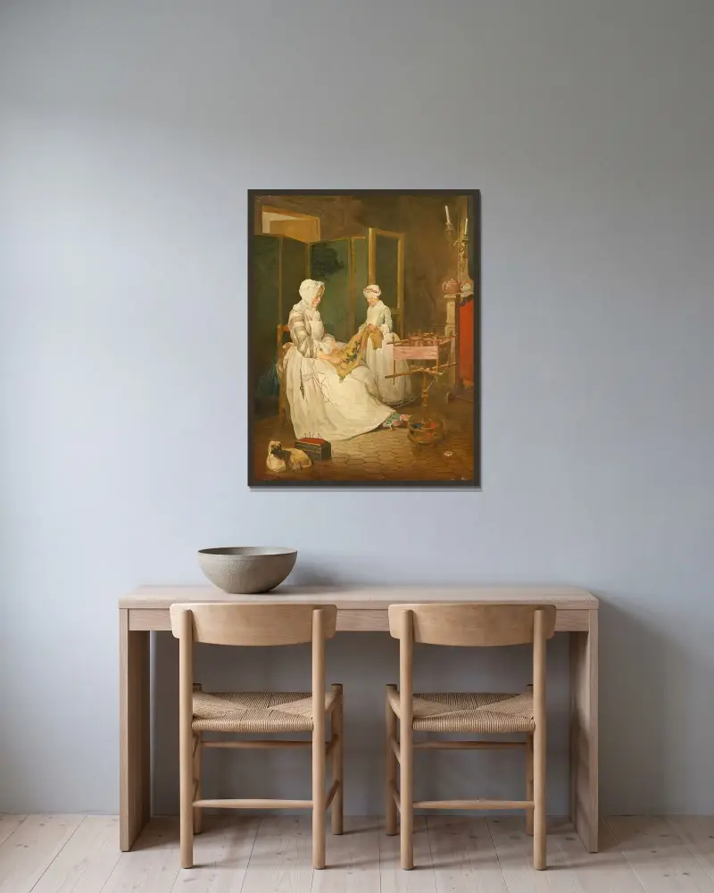 Den flitiga modern av Jean Siméon Chardin inramad på en vägg