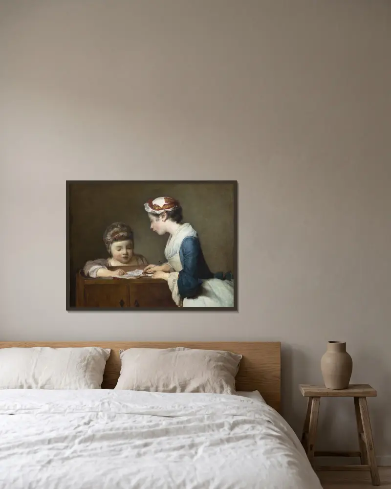 The Little Schoolmistress av Jean Siméon Chardin inramad på en vägg