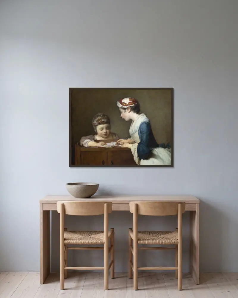 The Little Schoolmistress av Jean Siméon Chardin inramad på en vägg