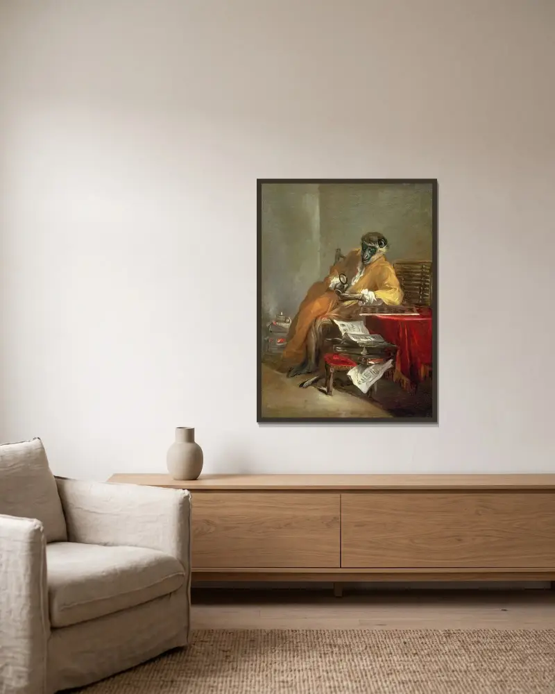 Apan som antikvariatsbesökare av Jean Siméon Chardin inramad på en vägg