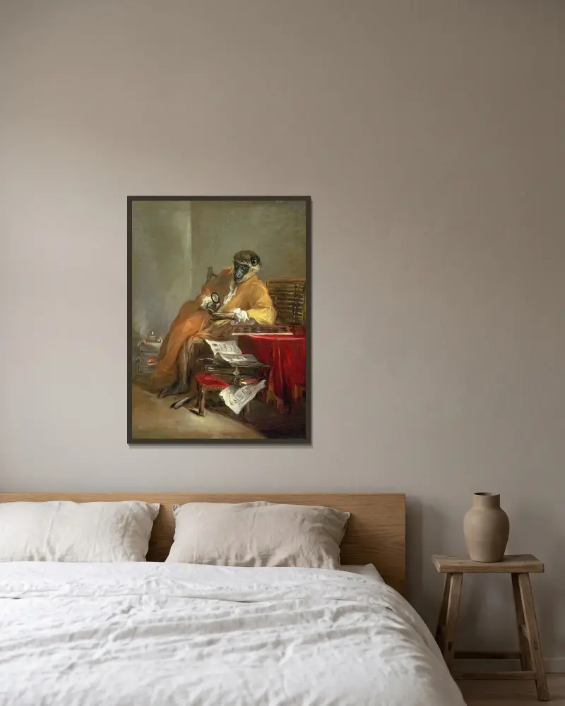 Apan som antikvariatsbesökare av Jean Siméon Chardin inramad på en vägg