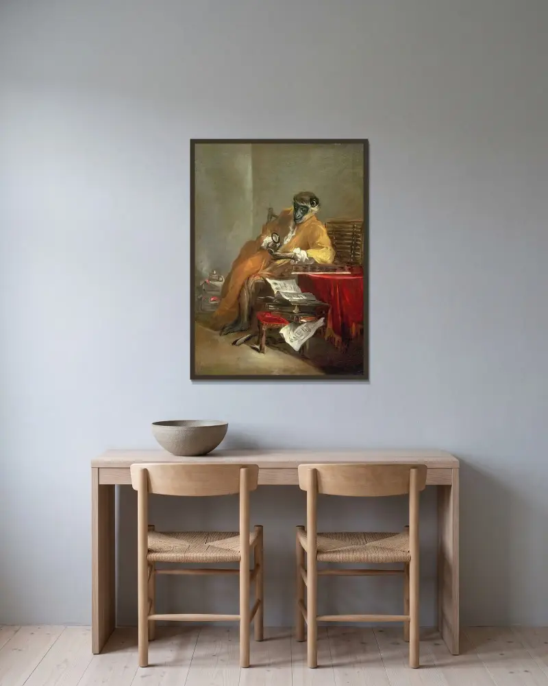 Apan som antikvariatsbesökare av Jean Siméon Chardin inramad på en vägg