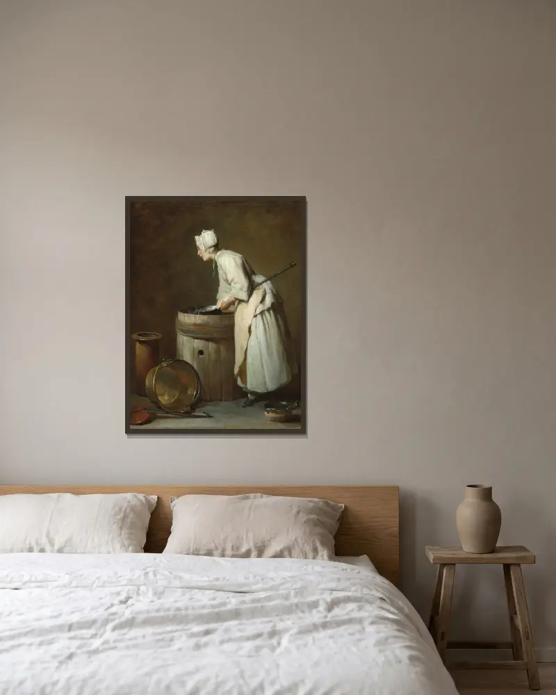 The Scullery Maid av Jean Siméon Chardin inramad på en vägg
