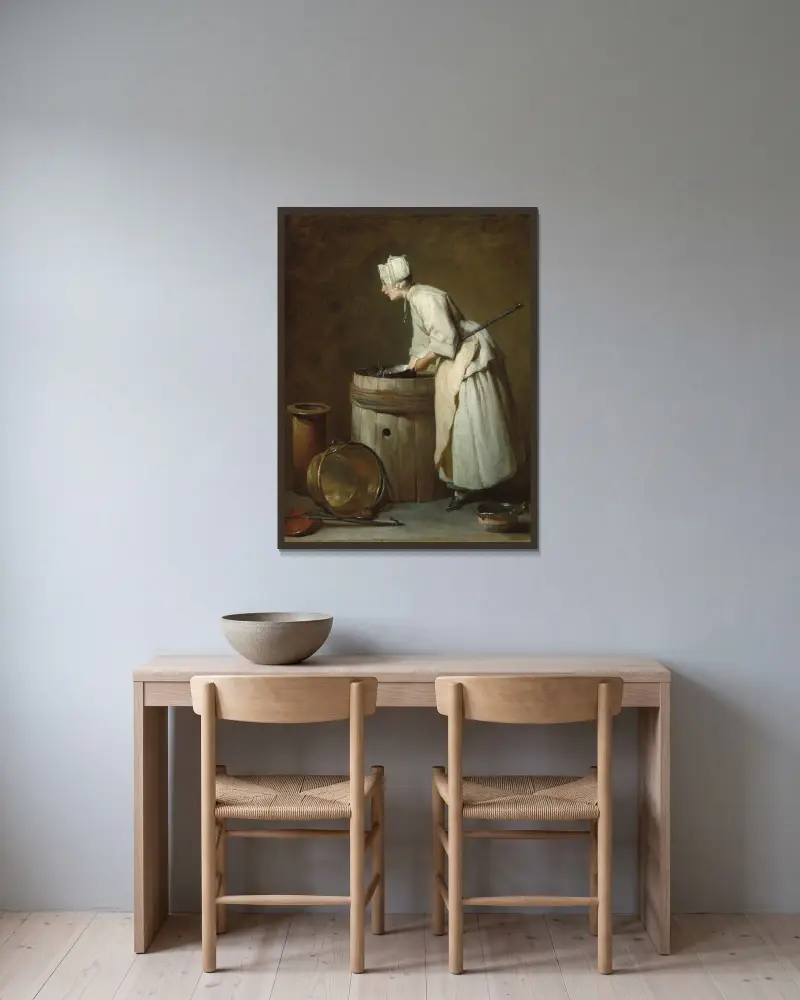 The Scullery Maid av Jean Siméon Chardin inramad på en vägg