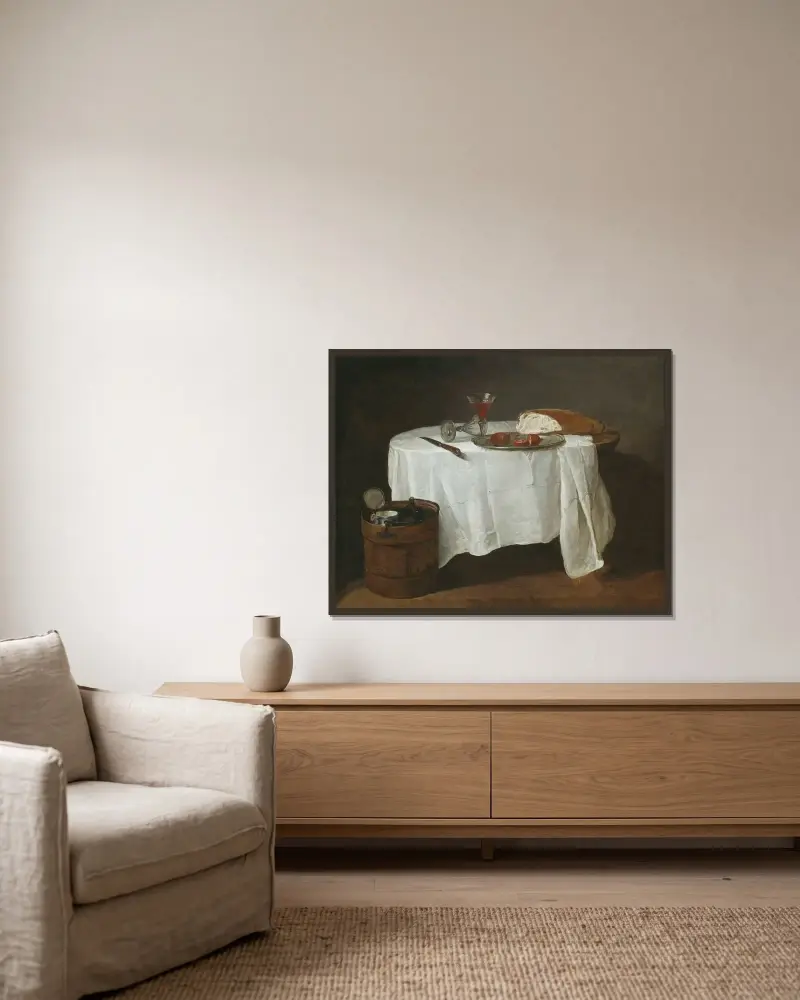 Den vita duken av Jean Siméon Chardin inramad på en vägg