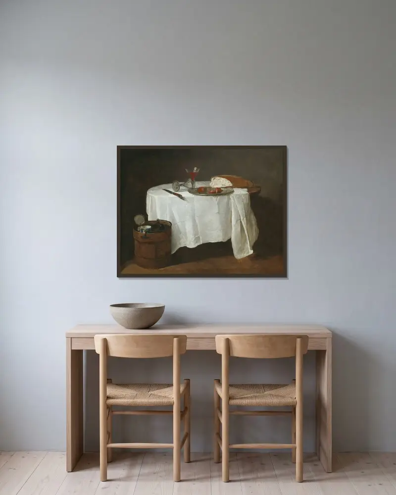 Den vita duken av Jean Siméon Chardin inramad på en vägg