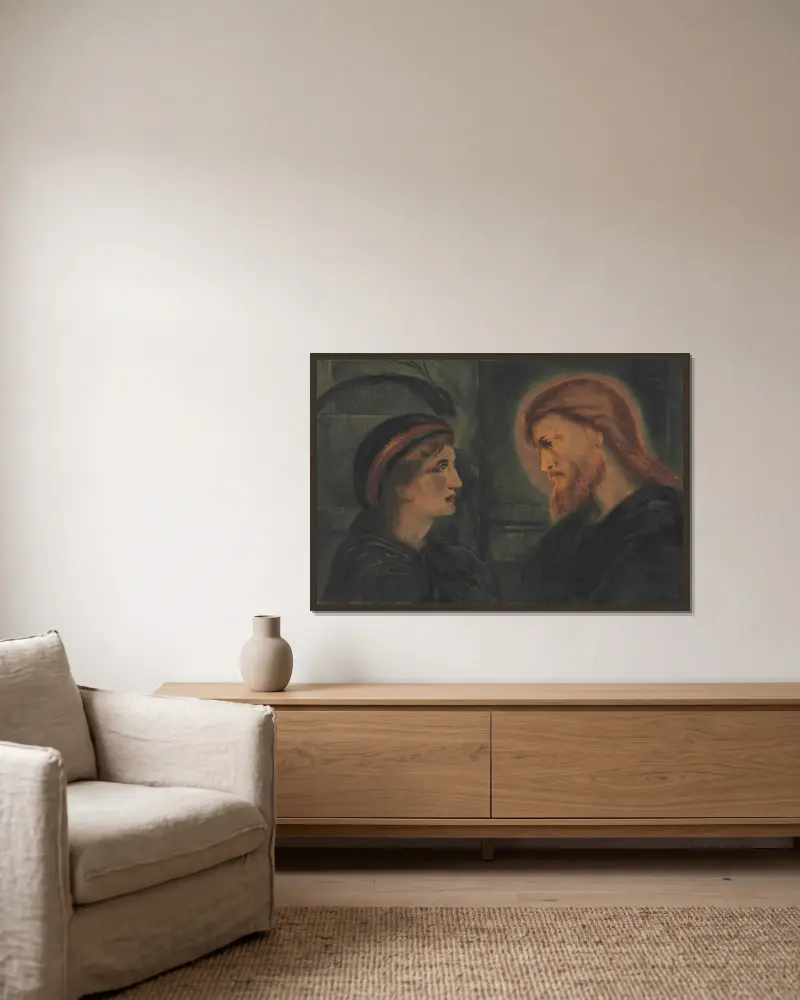 Christ And A Youth av Simeon Solomon inramad på en vägg