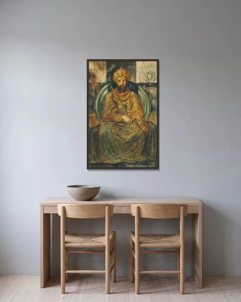 Kung Salomo sittande i domarsäte av Simeon Solomon inramad på en vägg