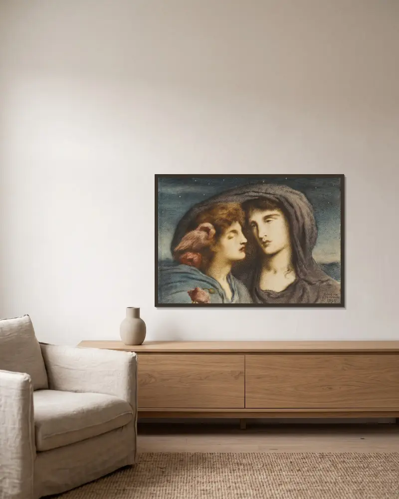 Night looking upon sleep her beloved child av Simeon Solomon inramad på en vägg