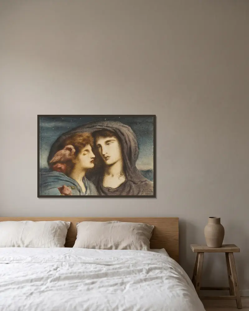 Night looking upon sleep her beloved child av Simeon Solomon inramad på en vägg