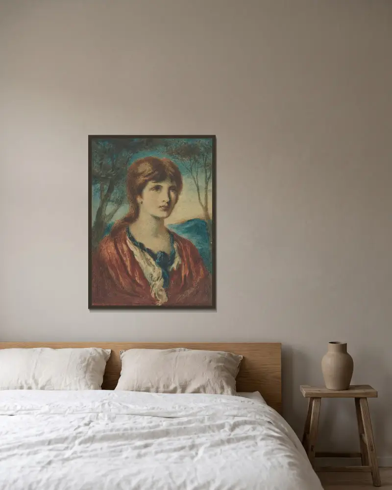 Porträtt av en ung kvinna av Simeon Solomon inramad på en vägg