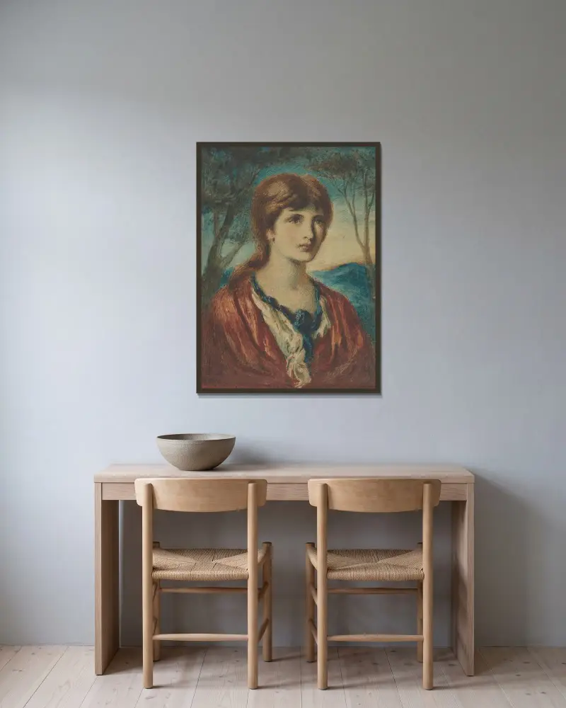 Porträtt av en ung kvinna av Simeon Solomon inramad på en vägg